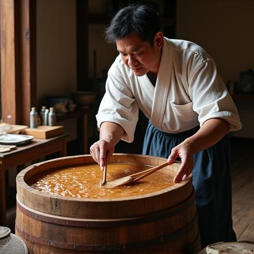醤油作りの職人が木桶をかき混ぜている