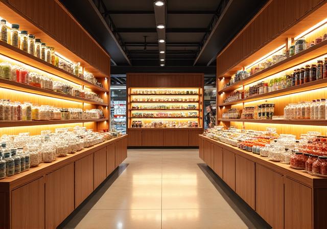木製の棚に商品が美しく陳列された店内
