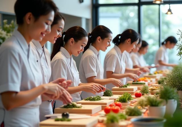 人々が笑顔で参加している料理教室の風景